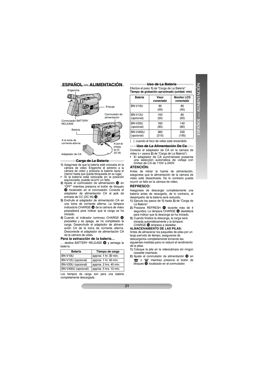 JVC GR-SXM38U manual Español Alimentación, Atención, Refresco 