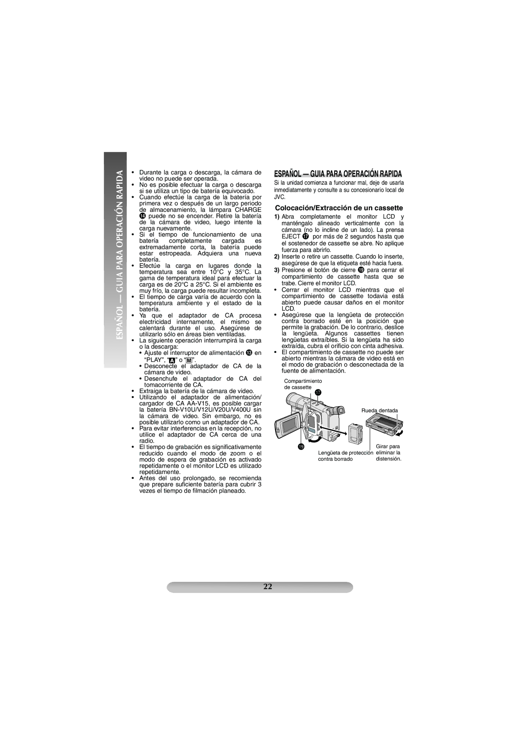 JVC GR-SXM38U manual Español Guia Para Operación Rapida, Colocación/Extracción de un cassette 