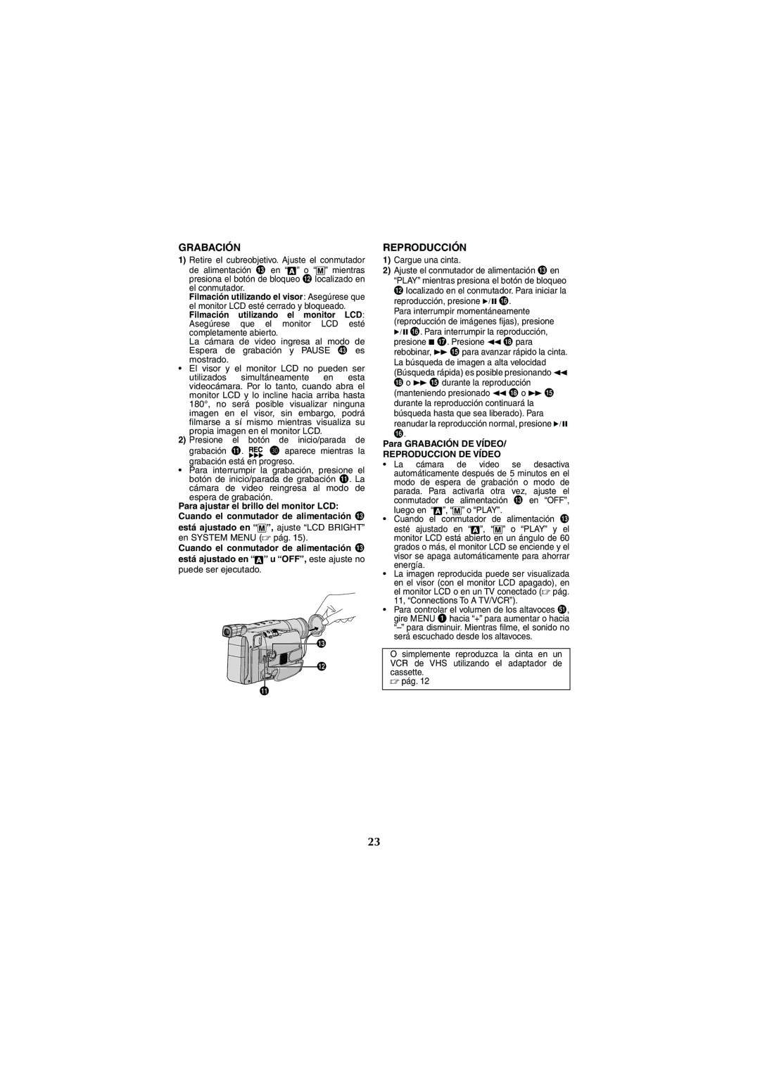 JVC GR-SXM38U manual Reproducción, Para Grabación DE Vídeo, Reproduccion DE Vídeo 