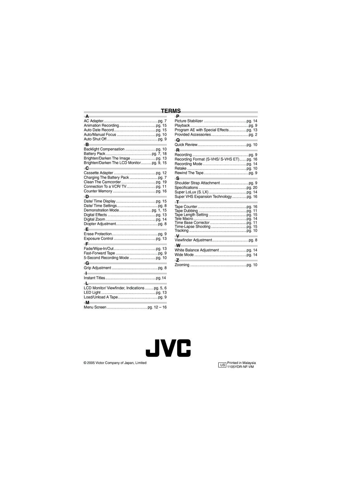 JVC GR-SXM38U manual Terms 