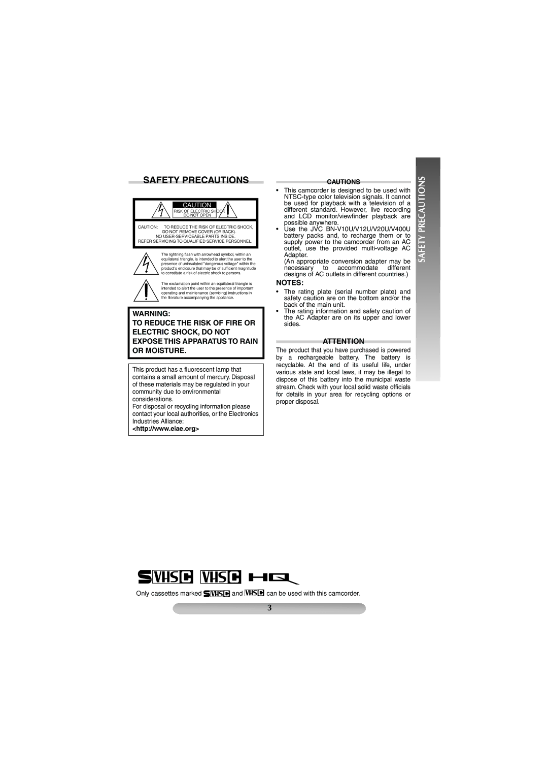 JVC GR-SXM38U manual Safety Precautions 