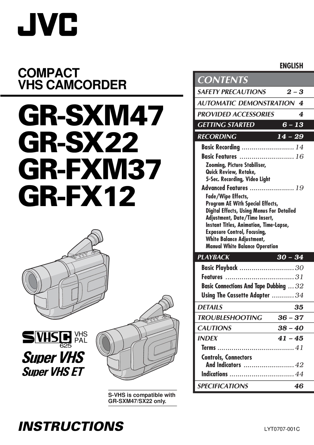 JVC specifications GR-SXM47 GR-SX22 GR-FXM37 GR-FX12 