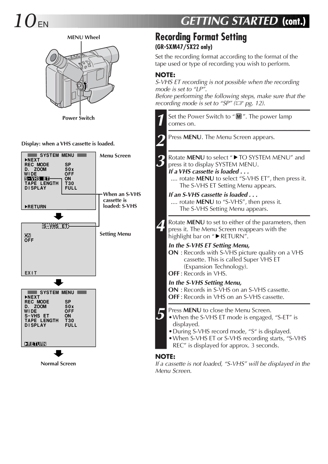 JVC GR-SXM47 specifications 10 EN, Recording Format Setting 