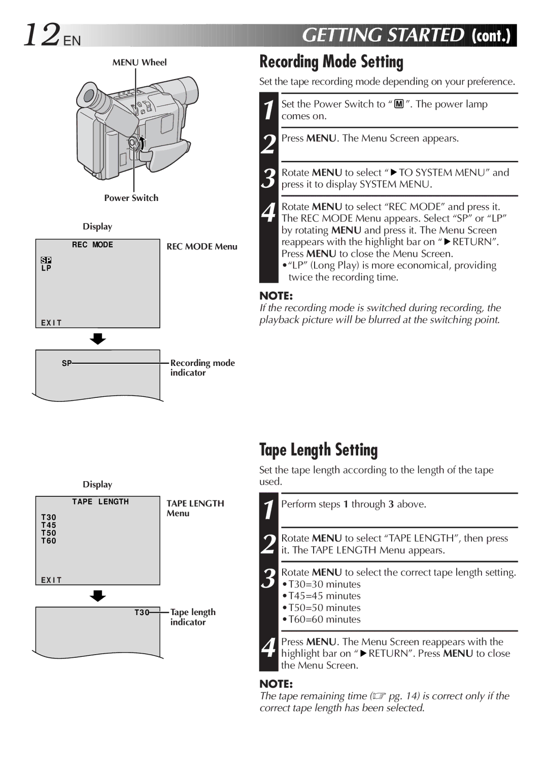 JVC GR-SXM47 specifications Recording Mode Setting, Tape Length Setting 