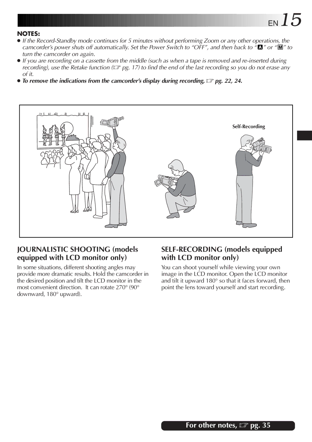 JVC GR-SXM47 specifications EN15, SELF-RECORDING models equipped with LCD monitor only 