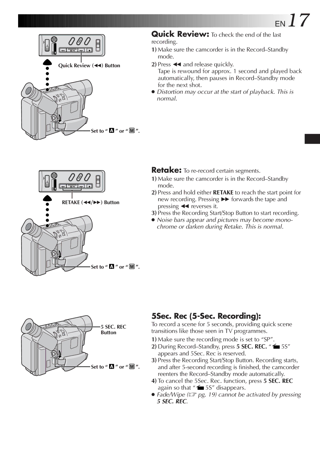 JVC GR-SXM47 specifications EN17, 5Sec. Rec 5-Sec. Recording, For the next shot 