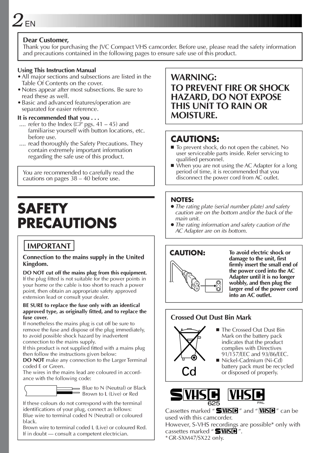 JVC GR-SXM47 specifications It is recommended that you, Connection to the mains supply in the United Kingdom 