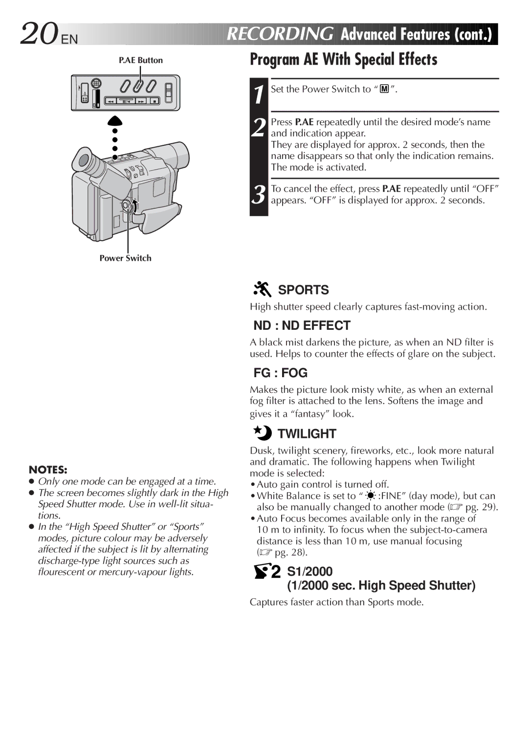 JVC GR-SXM47 specifications 20 EN, Program AE With Special Effects 