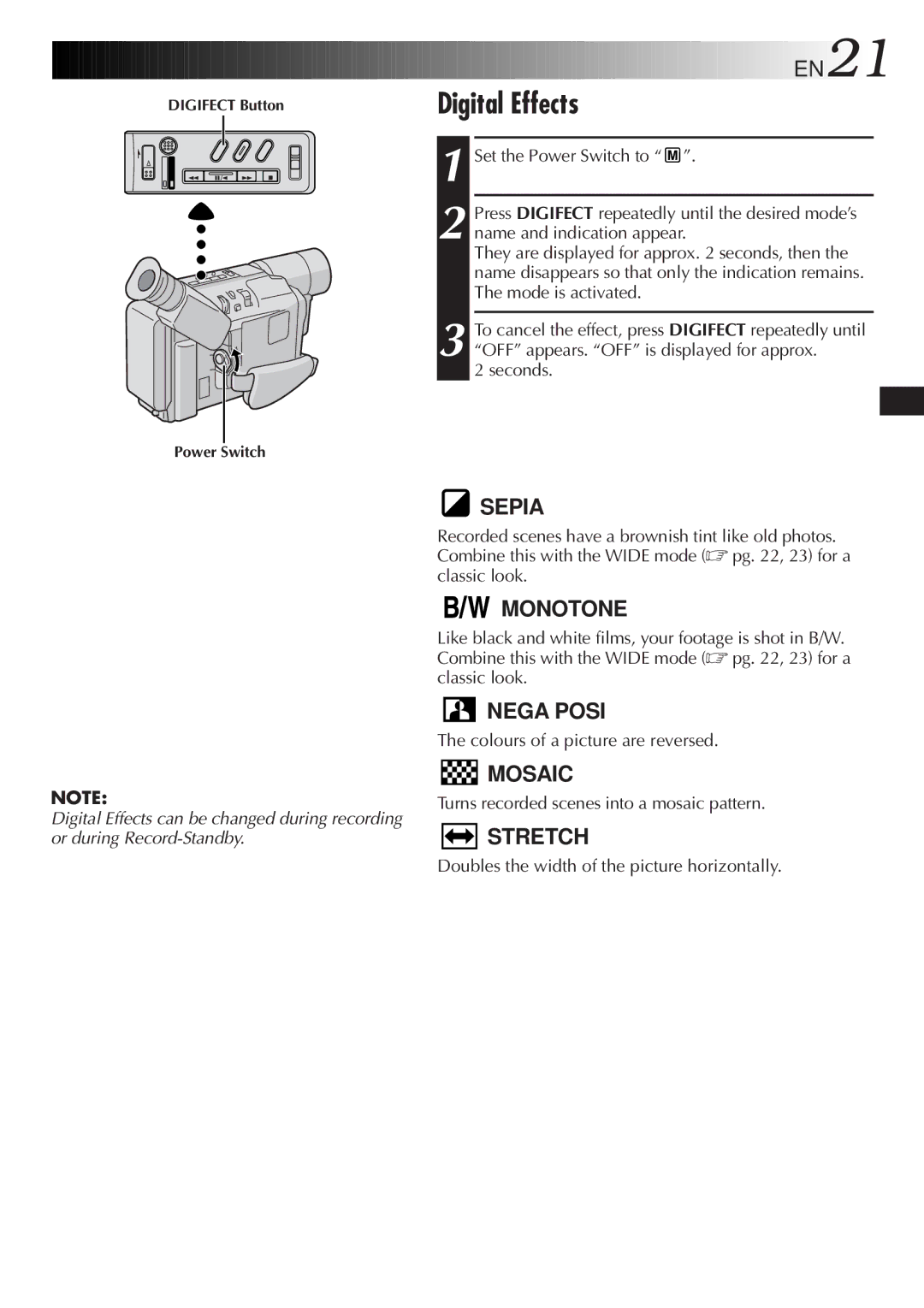 JVC GR-SXM47 specifications Digital Effects, EN21 