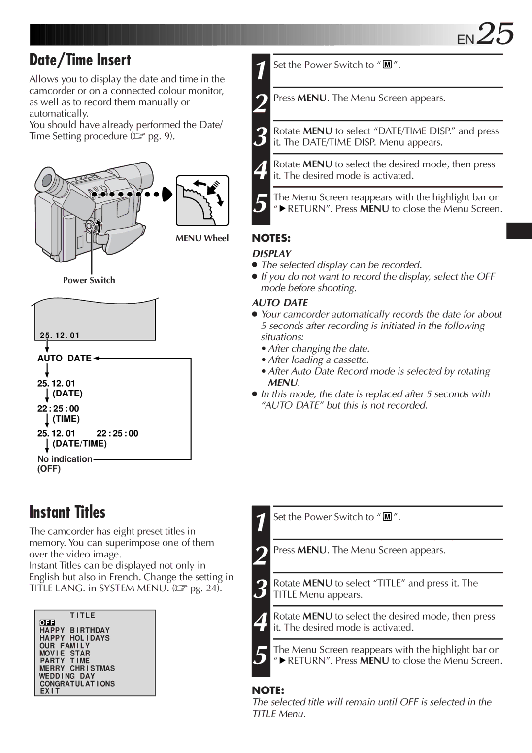 JVC GR-SXM47 specifications Date/Time Insert, Instant Titles 