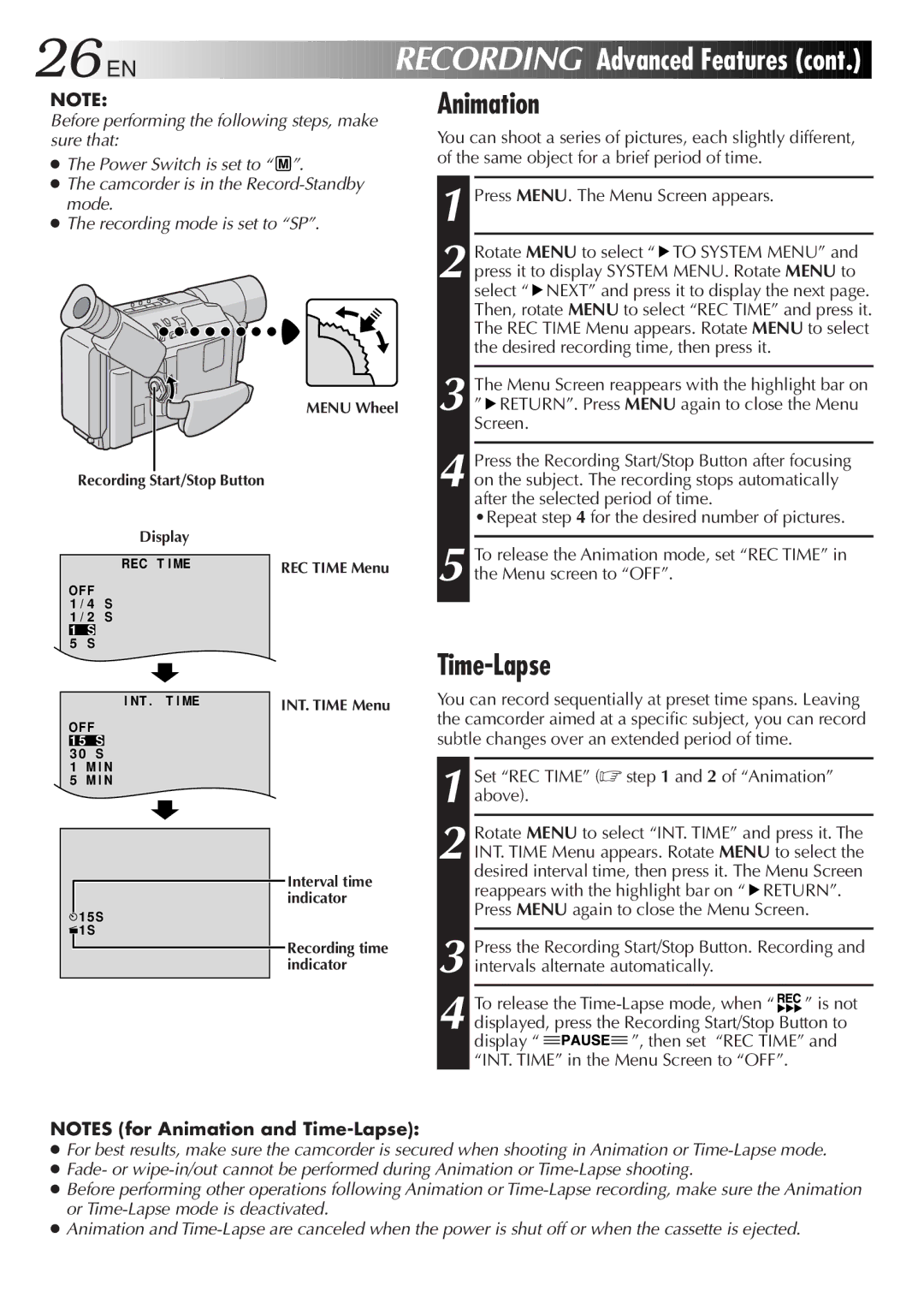 JVC GR-SXM47 specifications Time-Lapse, Set REC Time and 2 of Animation above 