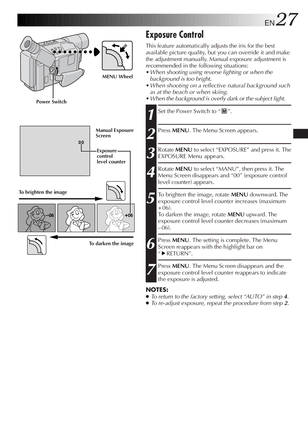 JVC GR-SXM47 specifications Exposure Control, EN27, Set the Power Switch to Press MENU. The Menu Screen appears 