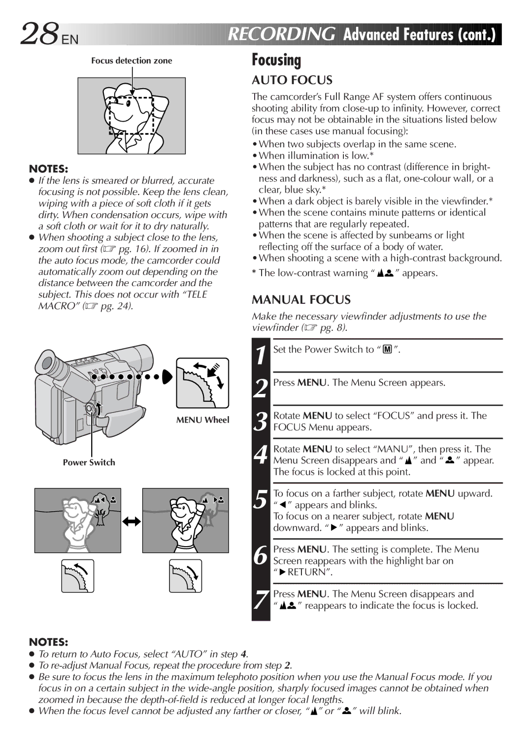 JVC GR-SXM47 specifications 28 EN, Focusing, Patterns that are regularly repeated 