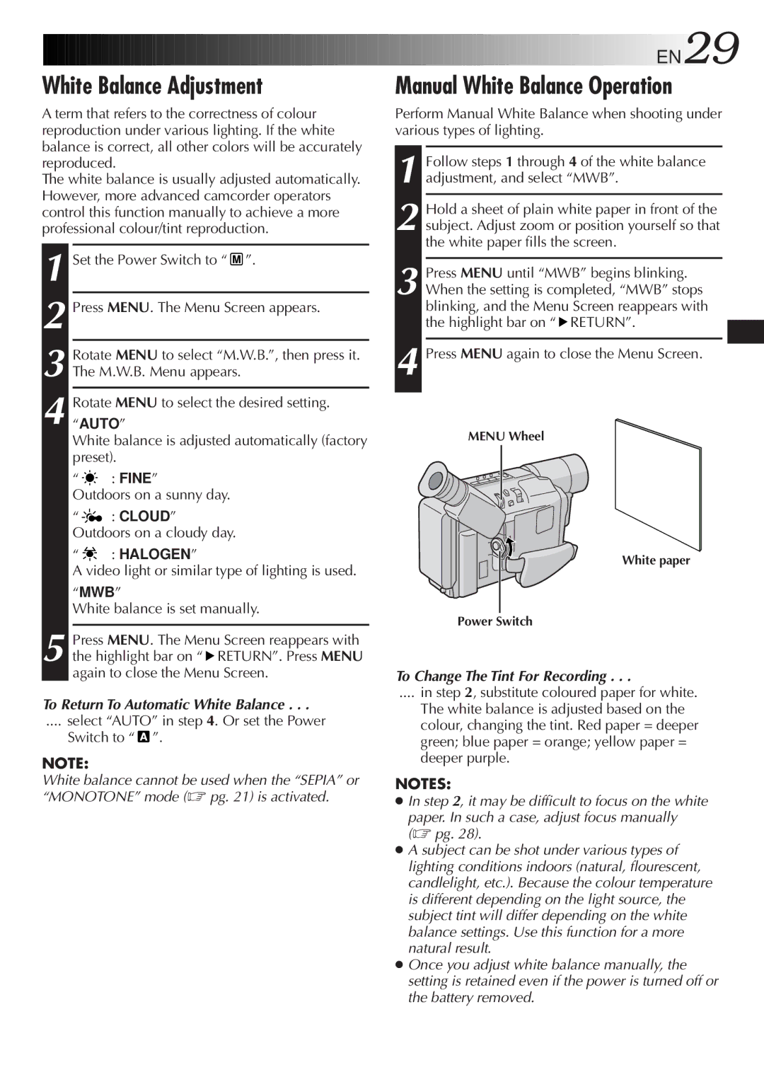 JVC GR-SXM47 White Balance Adjustment, Manual White Balance Operation, EN29, Press Menu again to close the Menu Screen 