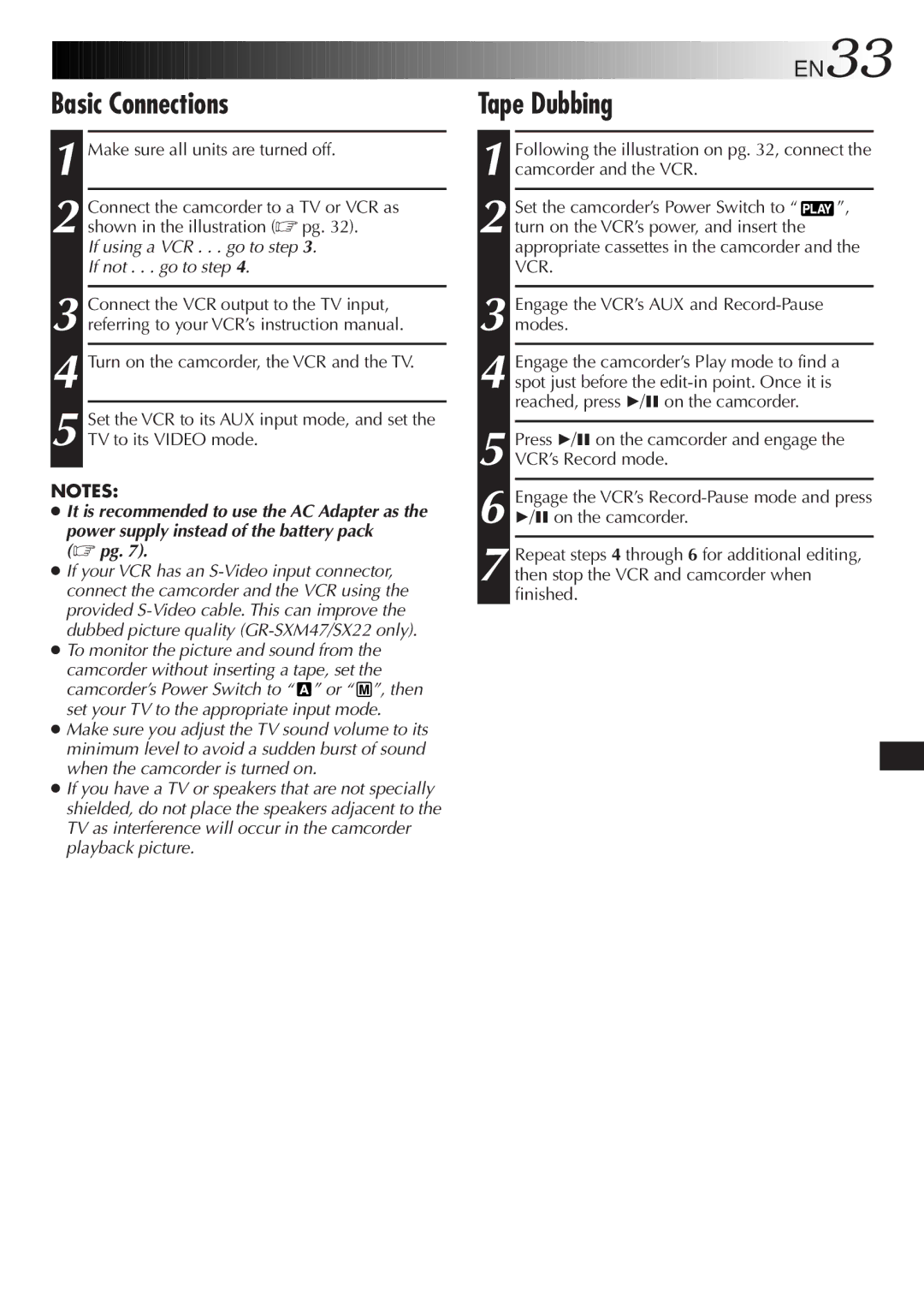 JVC GR-SXM47 specifications Basic Connections, Tape Dubbing, EN33, Power supply instead of the battery pack pg 