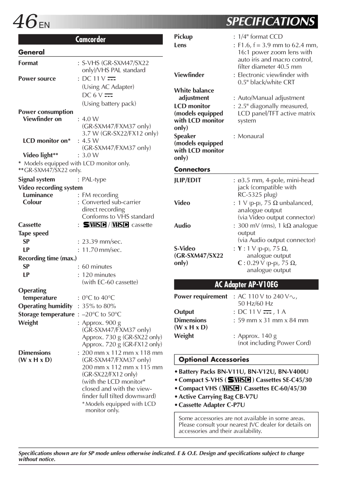 JVC GR-SXM47 specifications 46 EN 