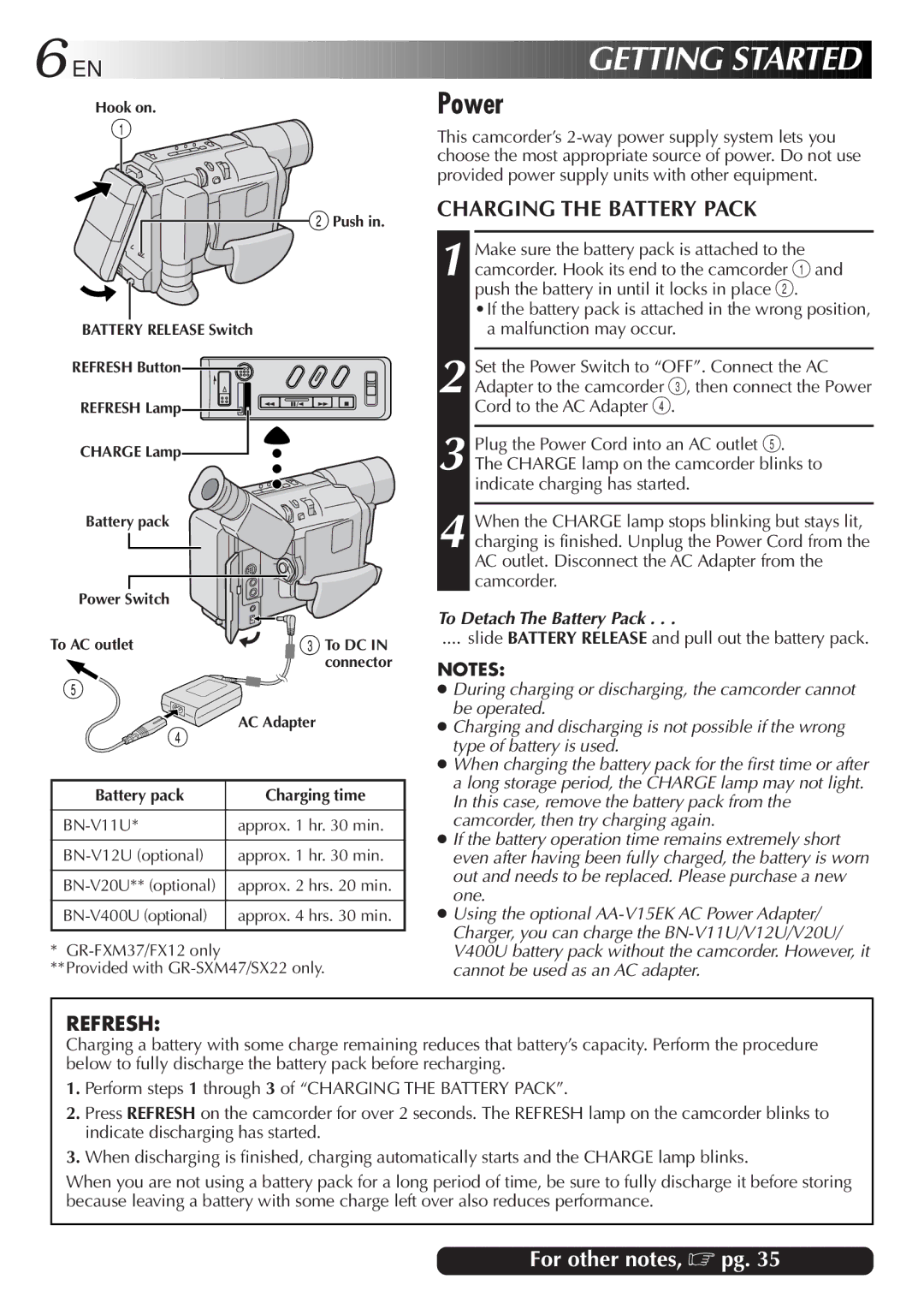 JVC GR-SXM47 specifications To Detach The Battery Pack, Slide Battery Release and pull out the battery pack 