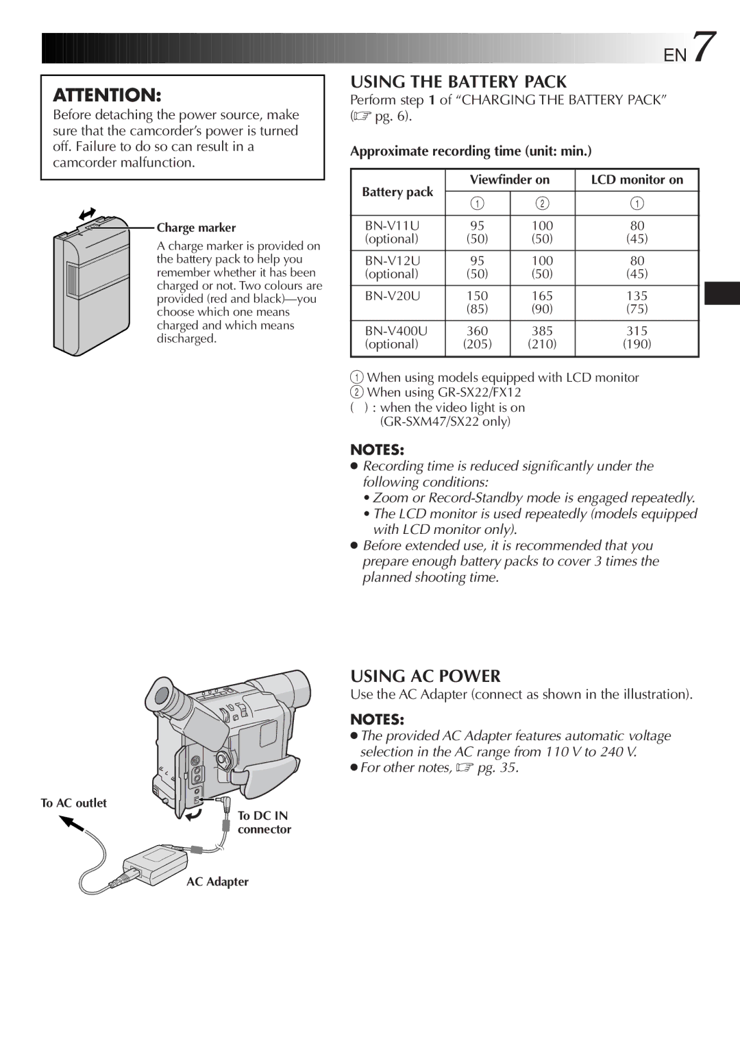 JVC GR-SXM47 specifications EN7, Perform of Charging the Battery Pack pg, Approximate recording time unit min 