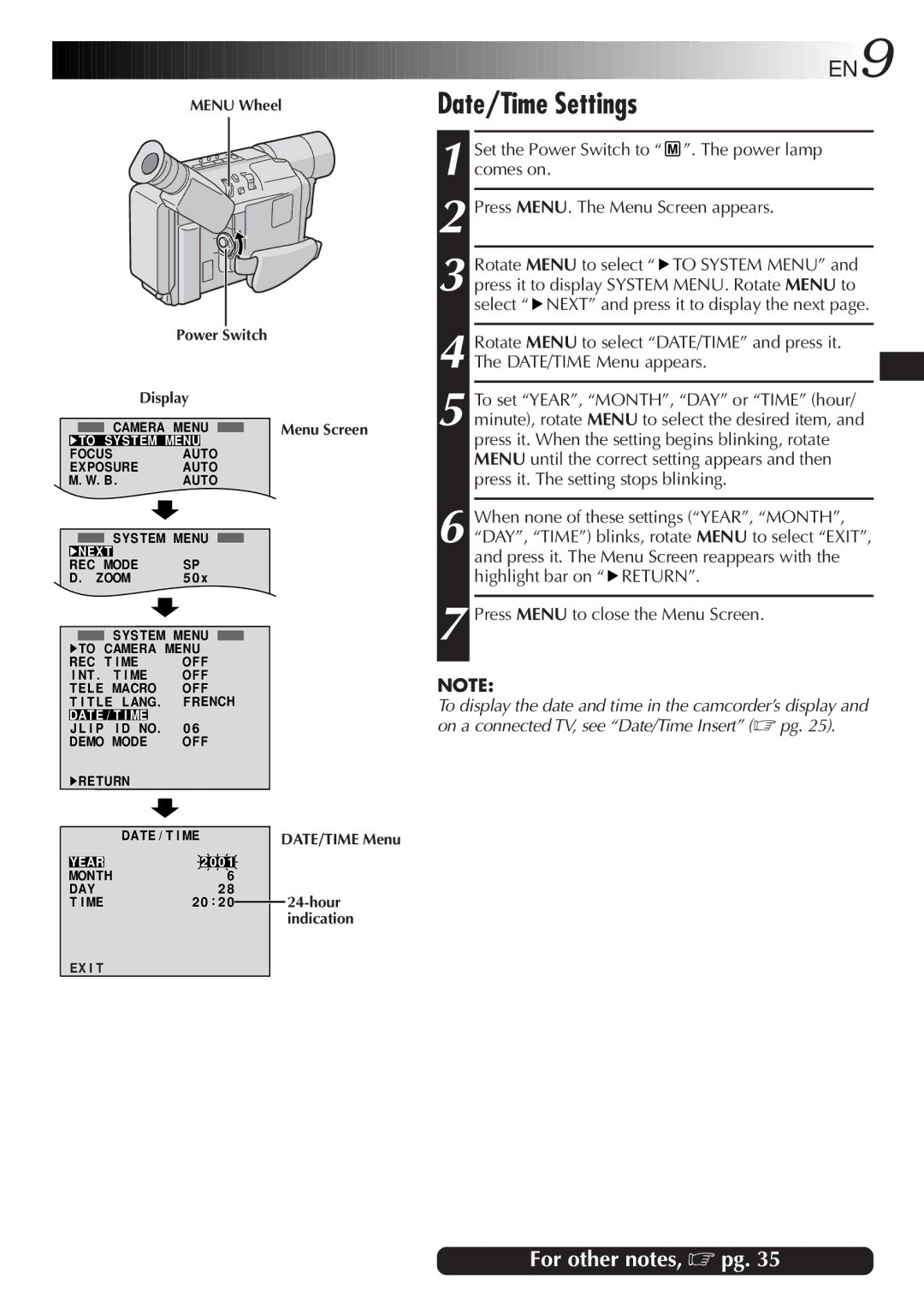 JVC GR-SXM47 specifications Date/Time Settings, Comes on, Rotate Menu to select 