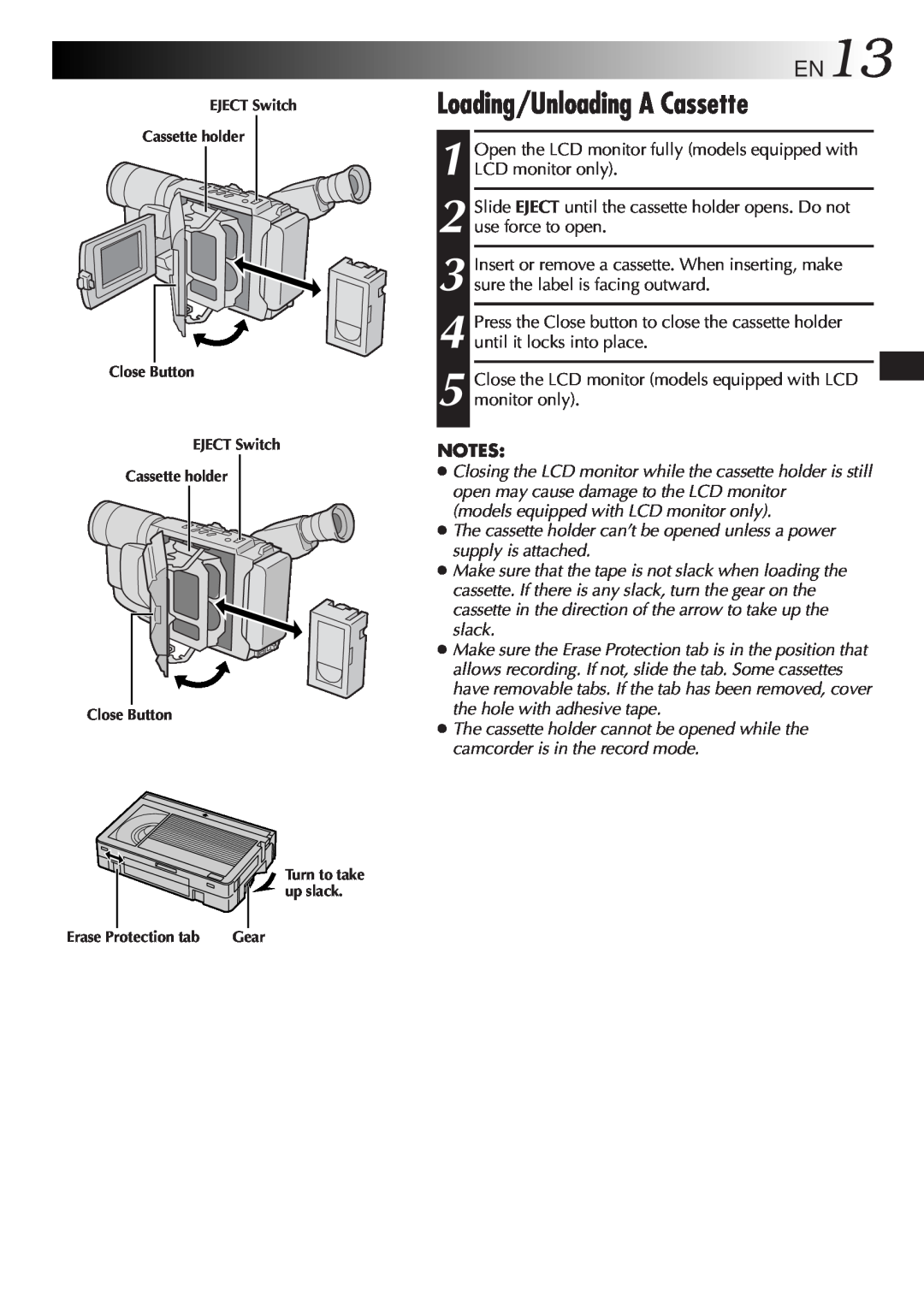 JVC GR-SXM47 specifications Loading/Unloading A Cassette, EN13 