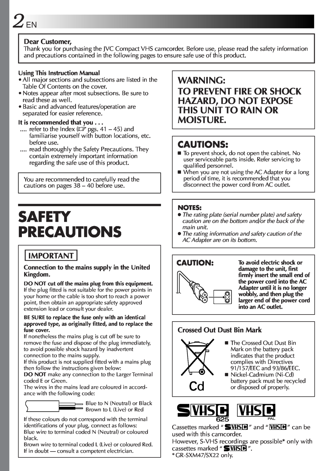 JVC GR-SXM47 Safety Precautions, Cautions, Dear Customer, Crossed Out Dust Bin Mark, Using This Instruction Manual 
