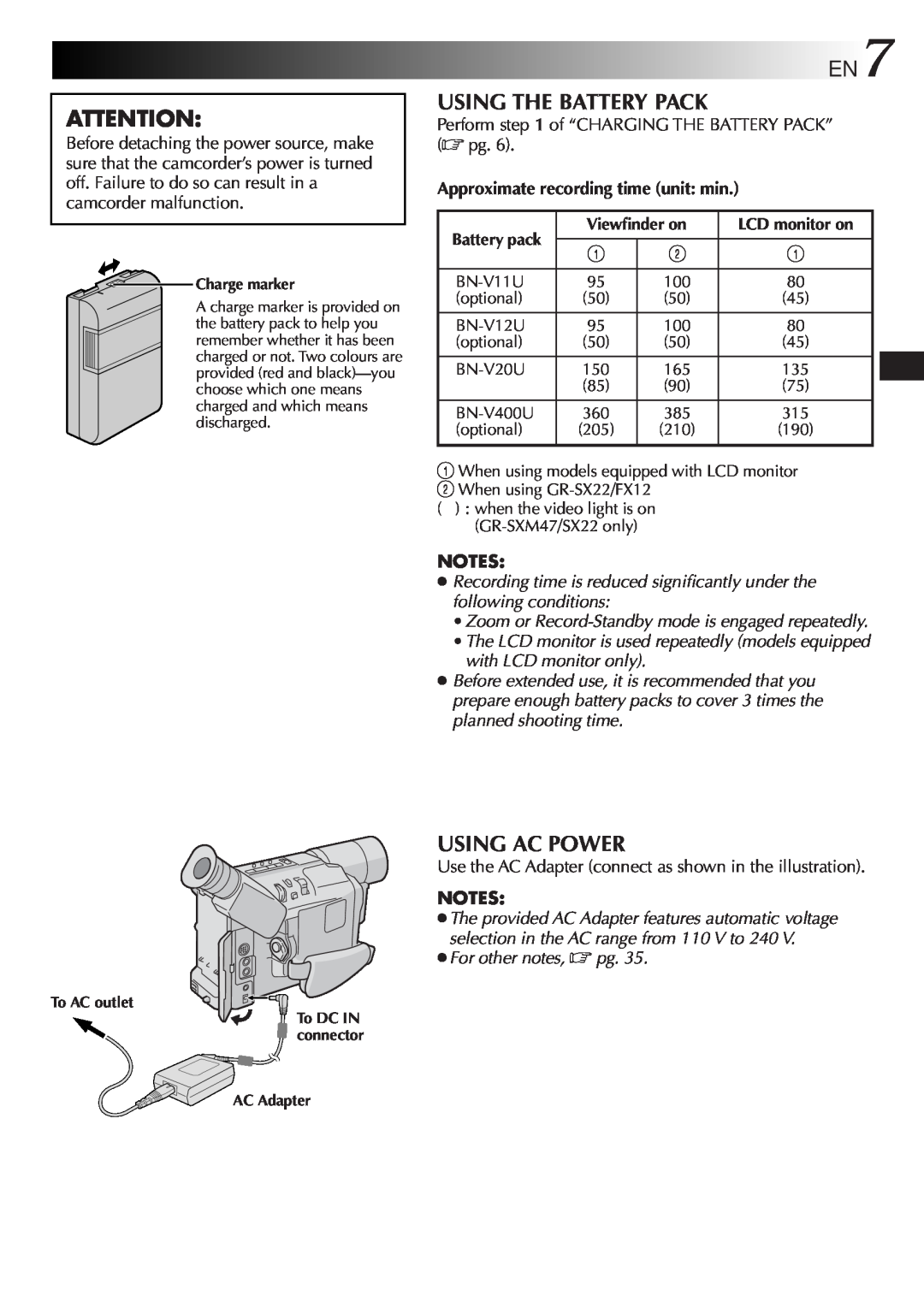 JVC GR-SXM47 specifications Using The Battery Pack, Using Ac Power, Approximate recording time unit min 