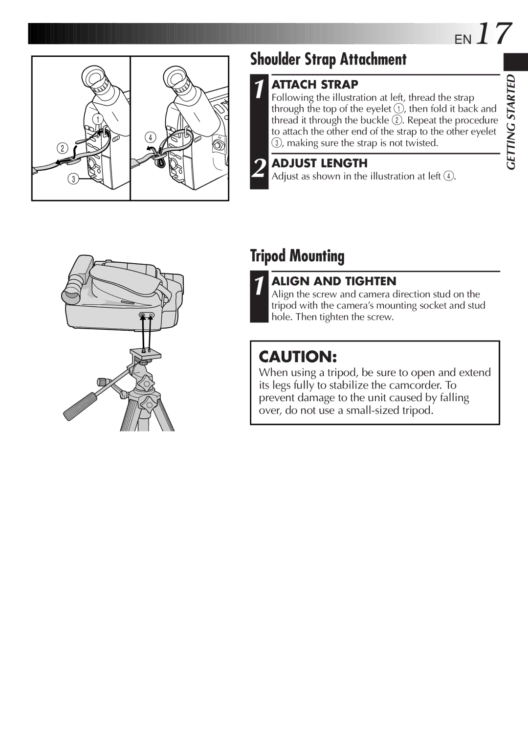 JVC GR-SXM515U manual Shoulder Strap Attachment, Tripod Mounting, Attach Strap, Adjust Length, Align and Tighten 