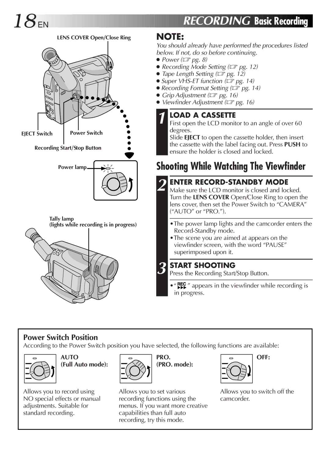 JVC GR-SXM515U manual Basic Recording, Power Switch Position, Load a Cassette, Start Shooting 