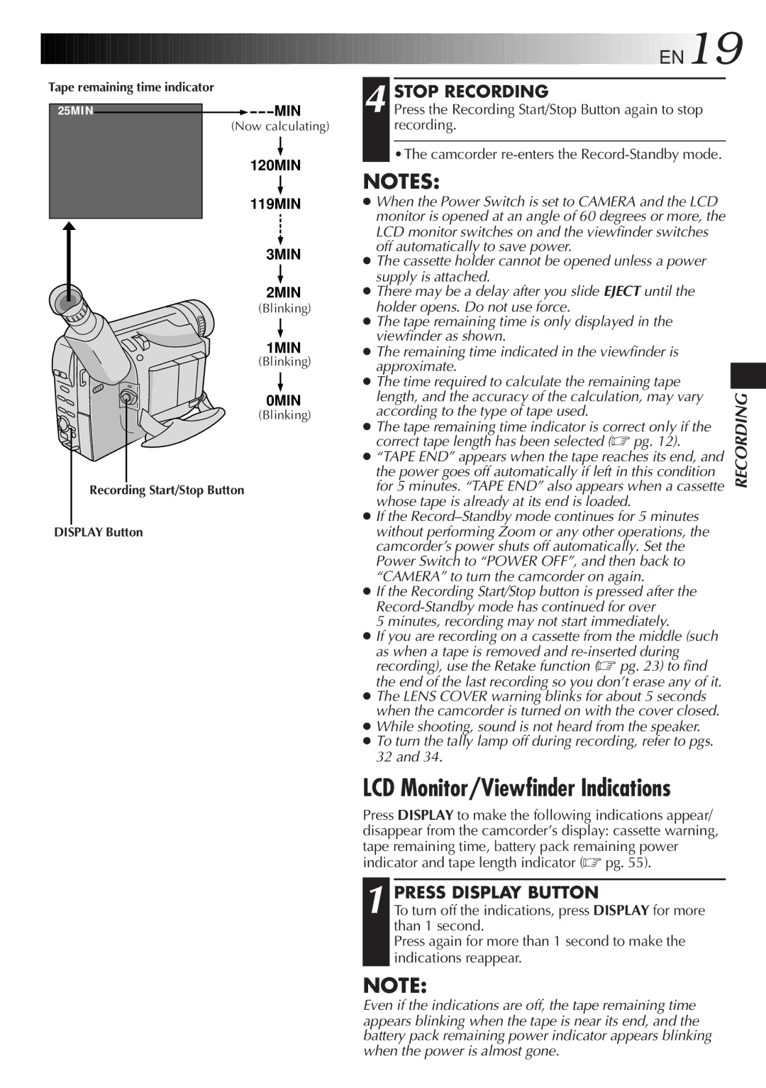 JVC GR-SXM515U manual LCD Monitor/Viewfinder Indications, Stop Recording, Press Display Button 