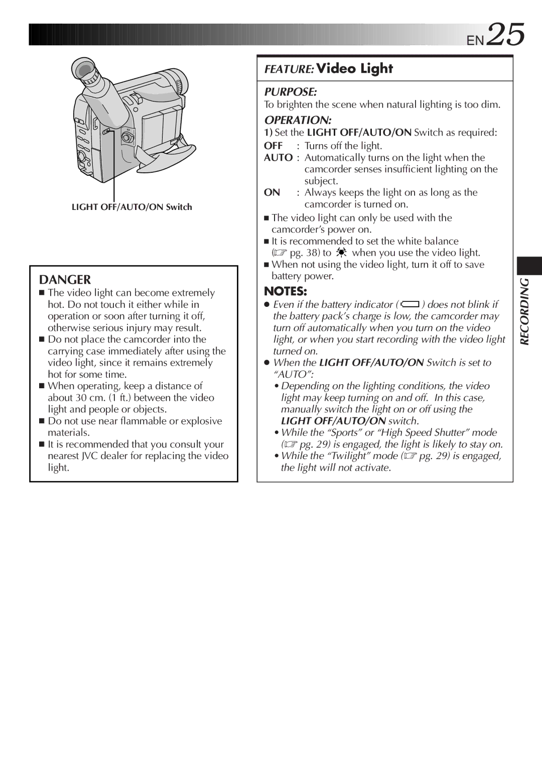 JVC GR-SXM515U manual Feature Video Light, To brighten the scene when natural lighting is too dim, Light OFF/AUTO/ON switch 