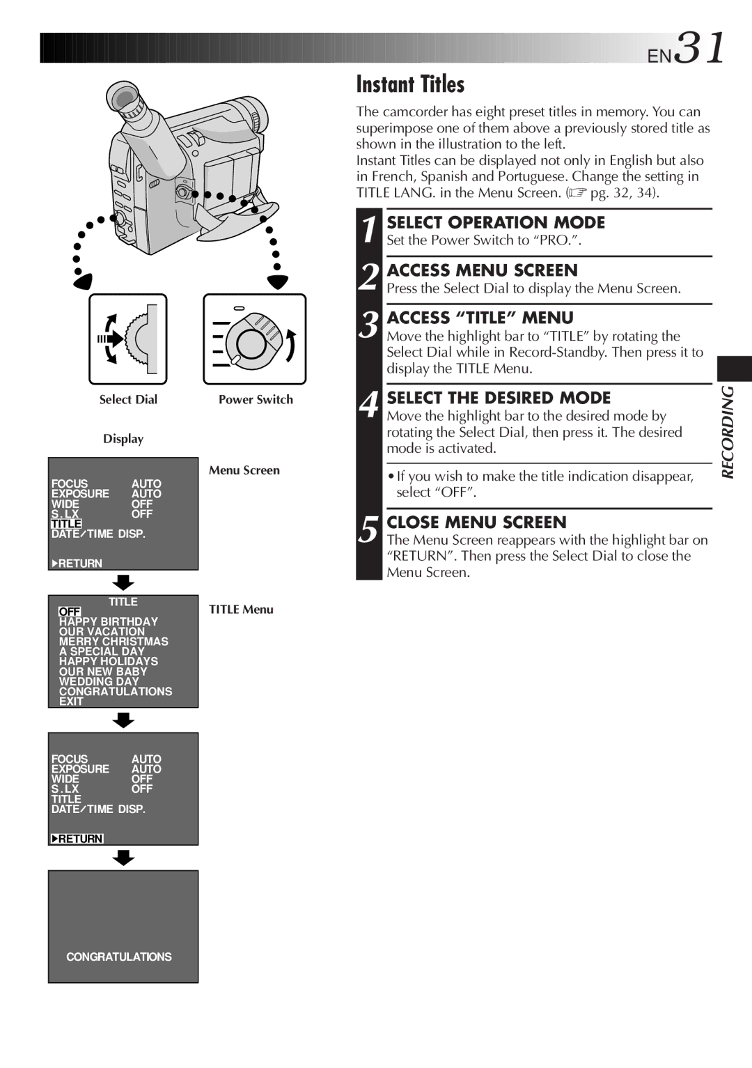 JVC GR-SXM515U manual Instant Titles, Access Title Menu, Select the Desired Mode 