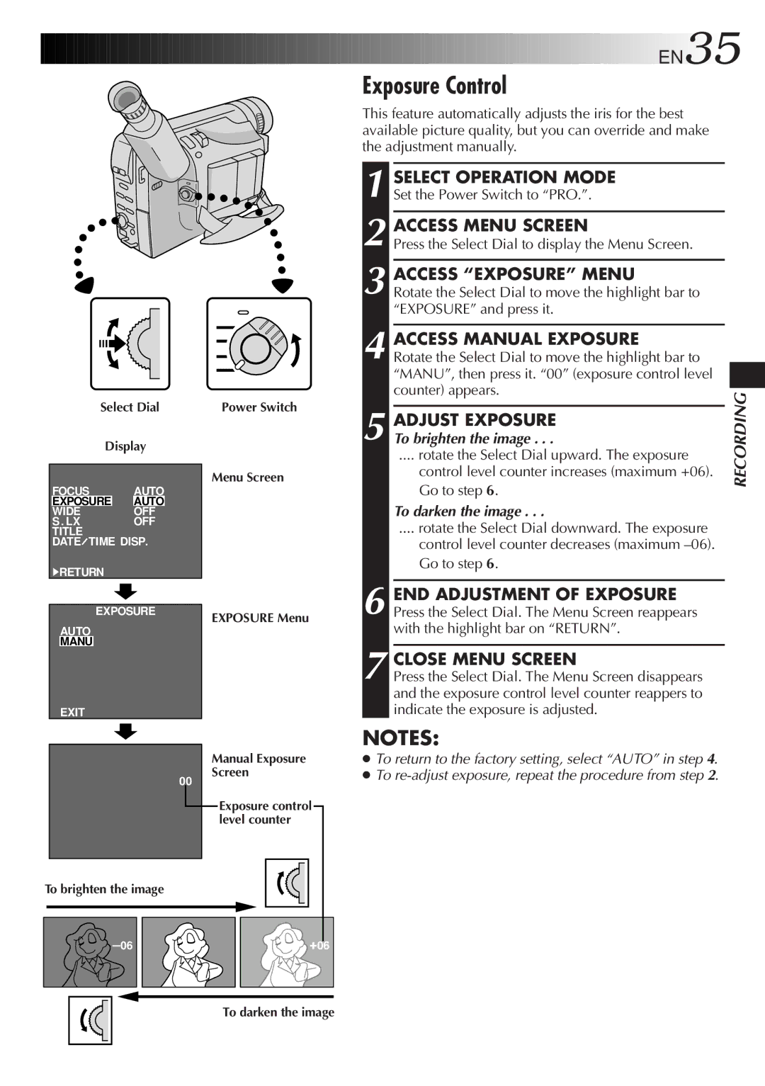 JVC GR-SXM515U Exposure Control, Access Exposure Menu, Access Manual Exposure, Adjust Exposure, END Adjustment of Exposure 