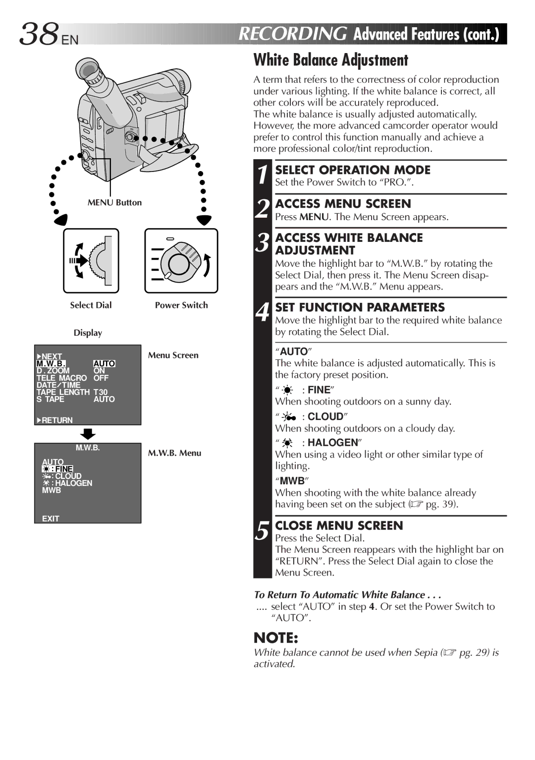 JVC GR-SXM515U manual Access White Balance Adjustment, SET Function Parameters, To Return To Automatic White Balance 