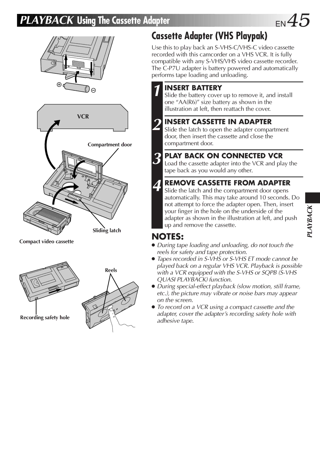 JVC GR-SXM515U manual Using The Cassette Adapter EN45, Cassette Adapter VHS Playpak, Insert Battery 