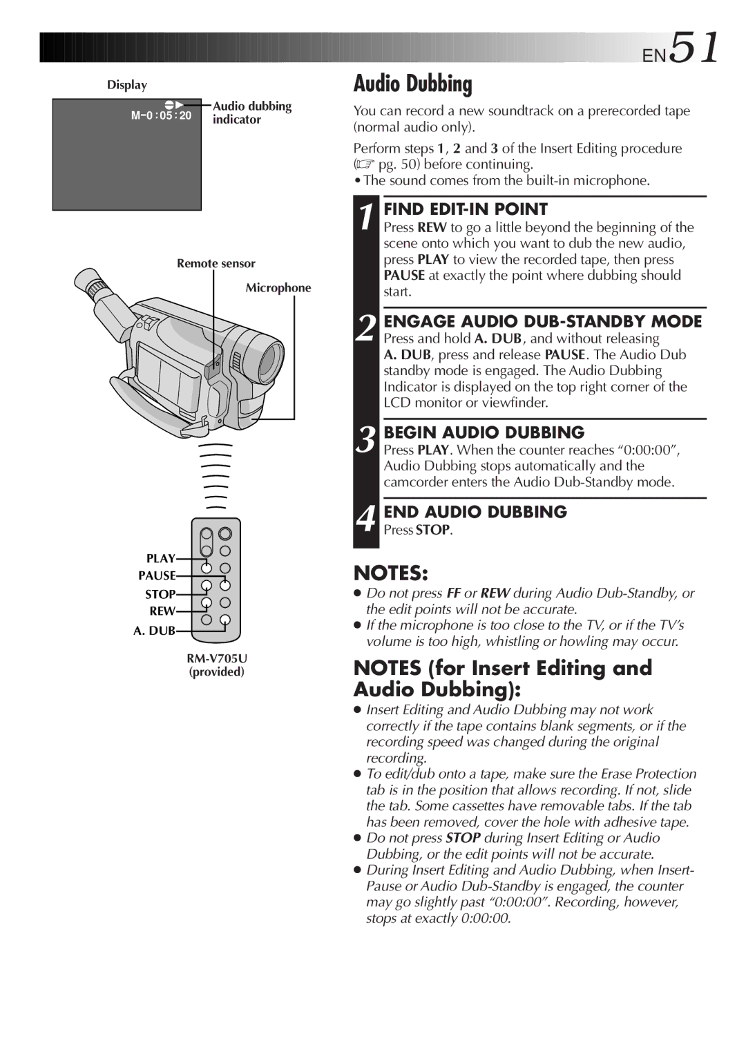 JVC GR-SXM515U manual Begin Audio Dubbing, END Audio Dubbing 