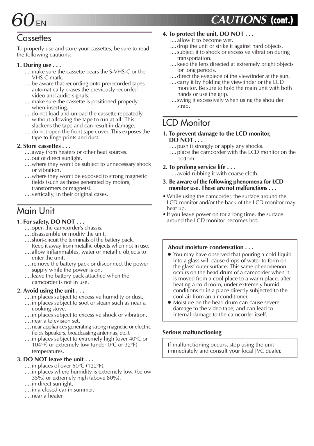 JVC GR-SXM515U During use, To protect the unit, do not, For safety, do not, Avoid using the unit, Do not leave the unit 