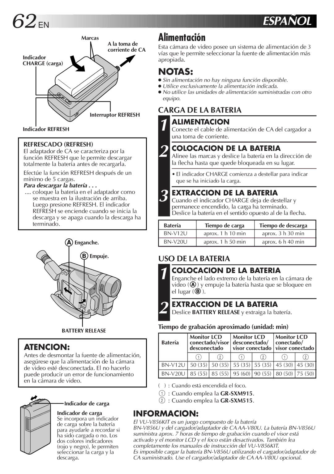 JVC GR-SXM515U manual Alimentación, Alimentacion, Colocacion DE LA Bateria, Extraccion DE LA Bateria 