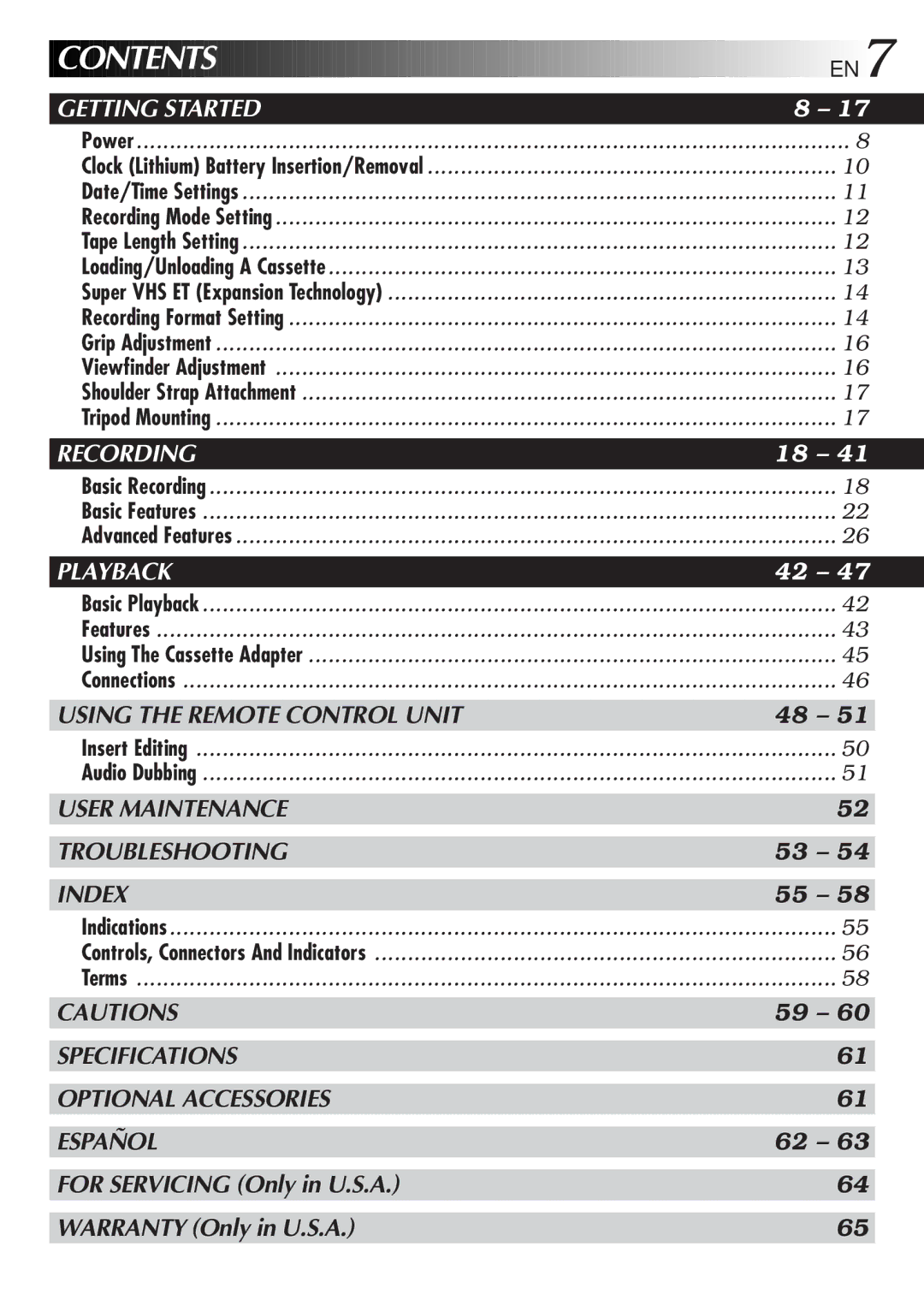 JVC GR-SXM515U manual Contents 