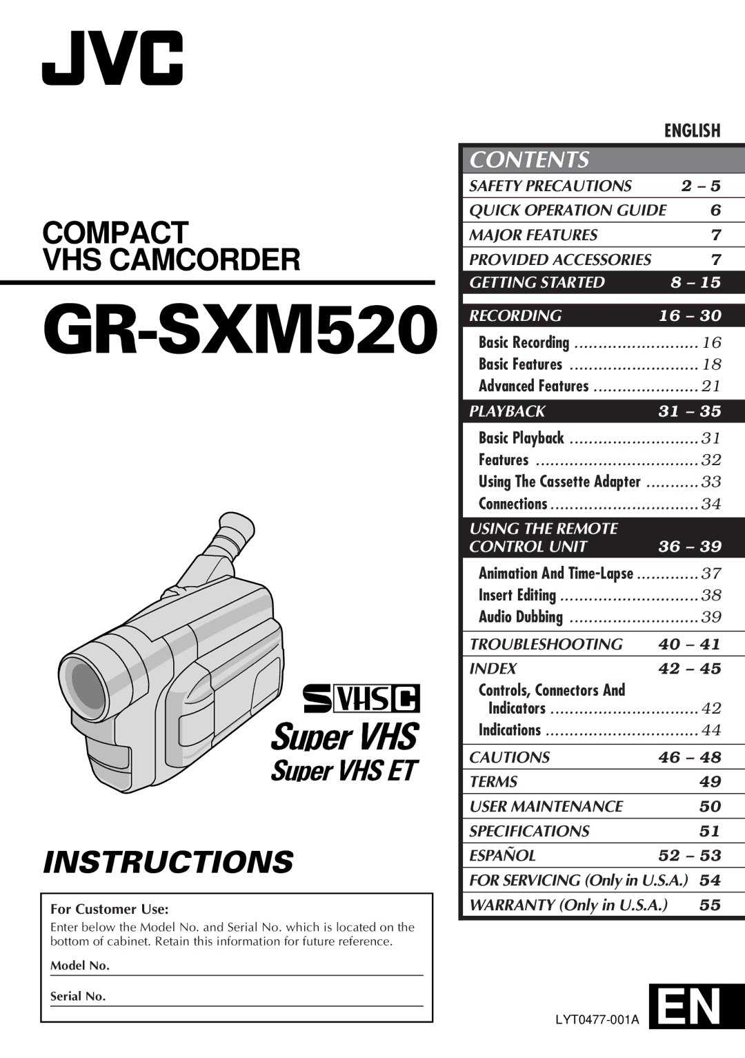 JVC GR-SXM520 specifications 