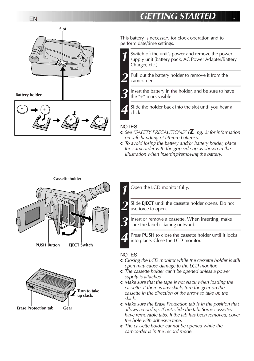 JVC GR-SXM520 specifications 10 EN, Getting Started, Clock Lithium Battery Insertion/Removal, Loading/Unloading a Cassette 