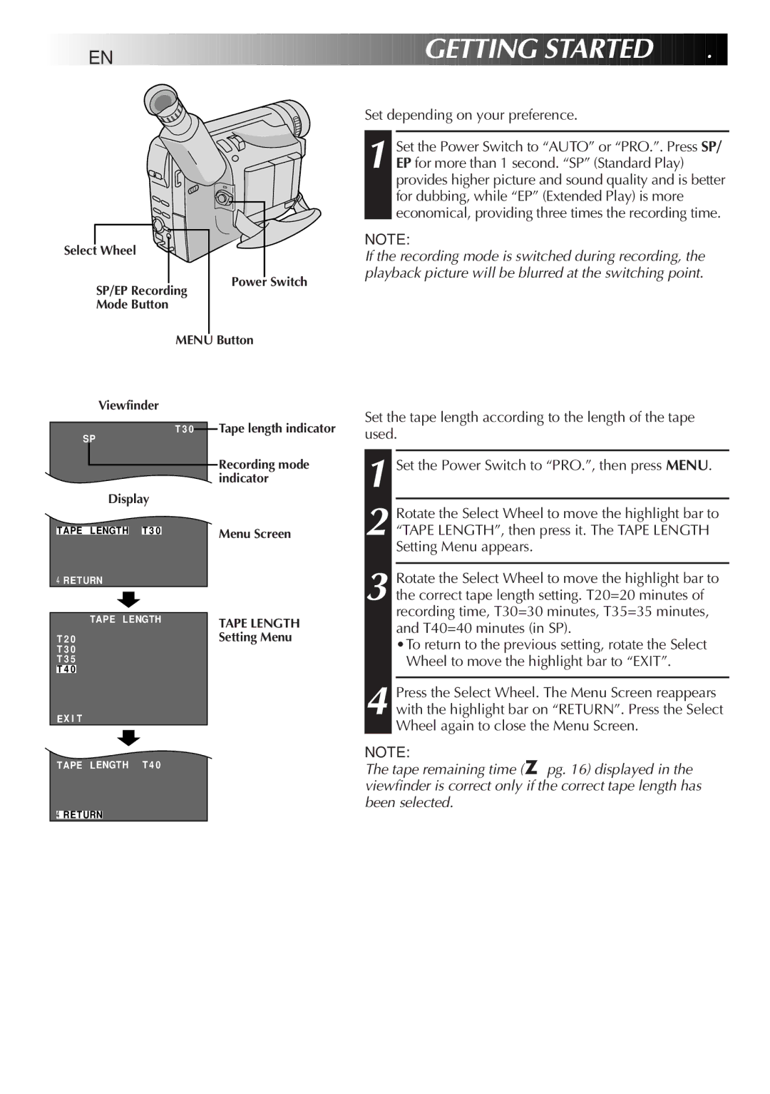 JVC GR-SXM520 specifications EN Getting Started, Recording Mode Setting, Tape Length Setting 