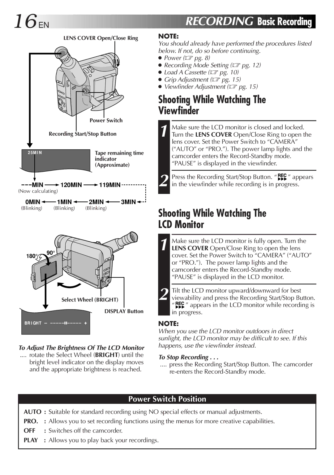 JVC GR-SXM520 specifications Basic Recording, Shooting While Watching Viewfinder, Shooting While Watching LCD Monitor 