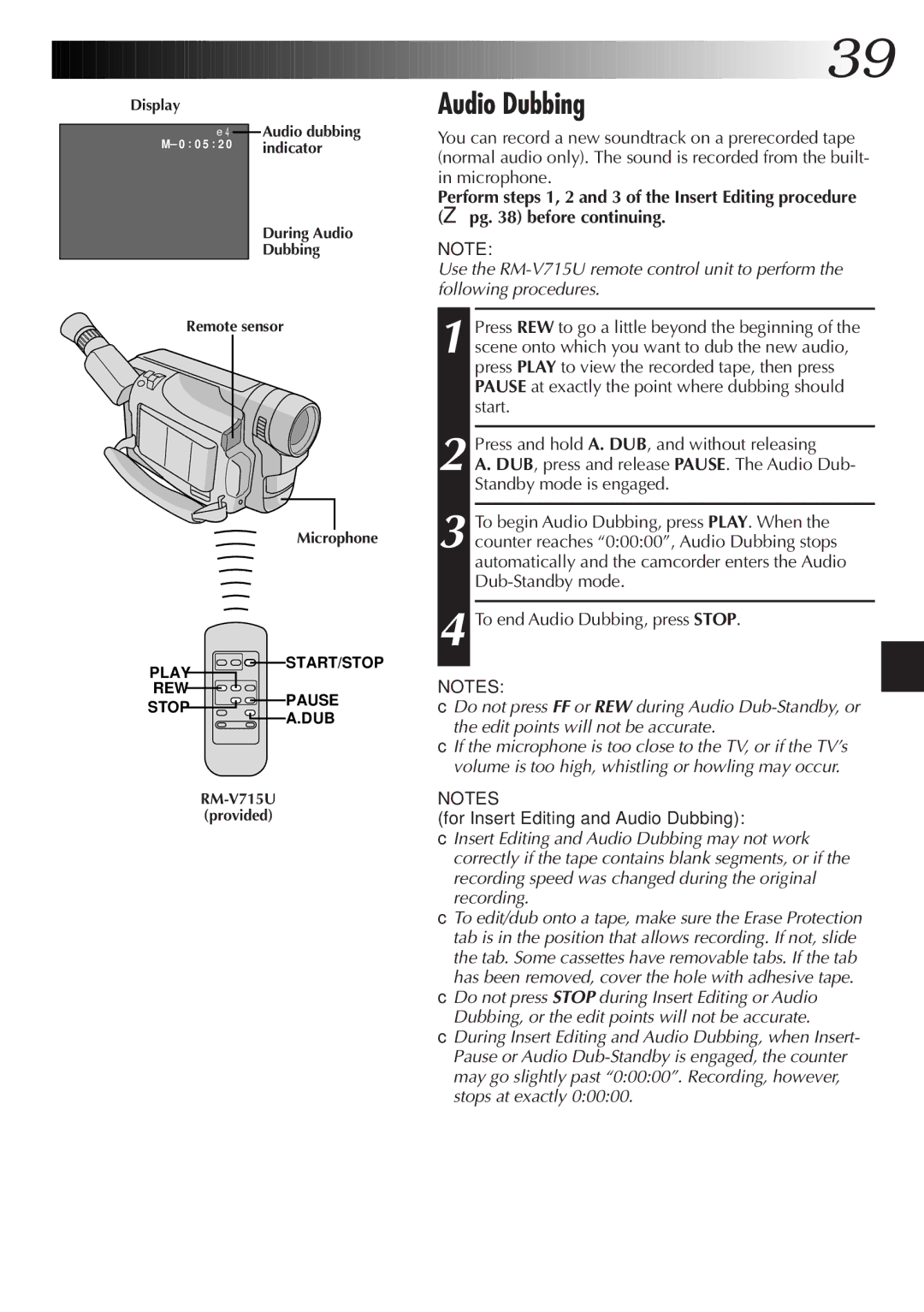 JVC GR-SXM520 specifications For Insert Editing and Audio Dubbing 