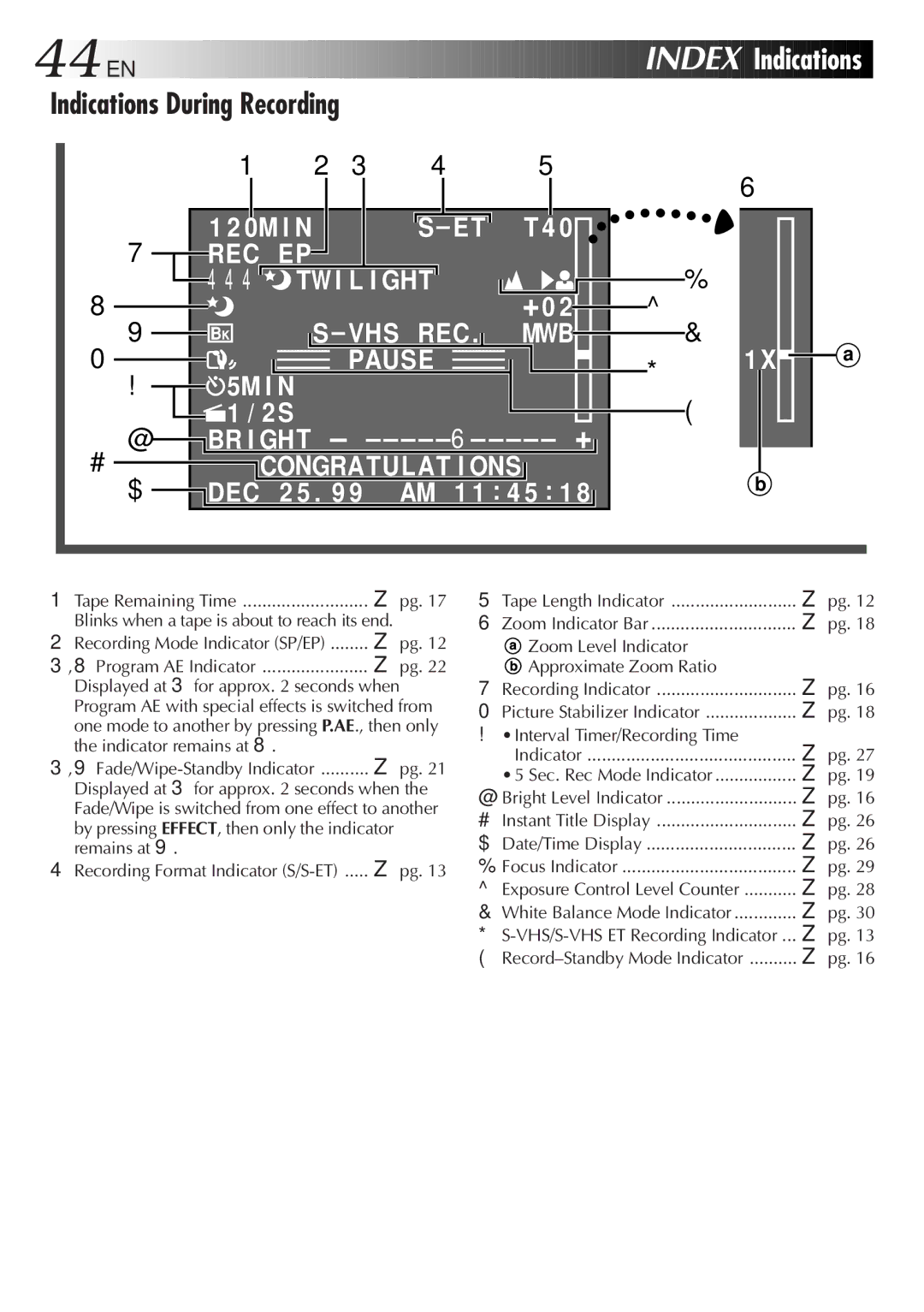 JVC GR-SXM520 specifications 44 EN, Index, Indications During Recording 