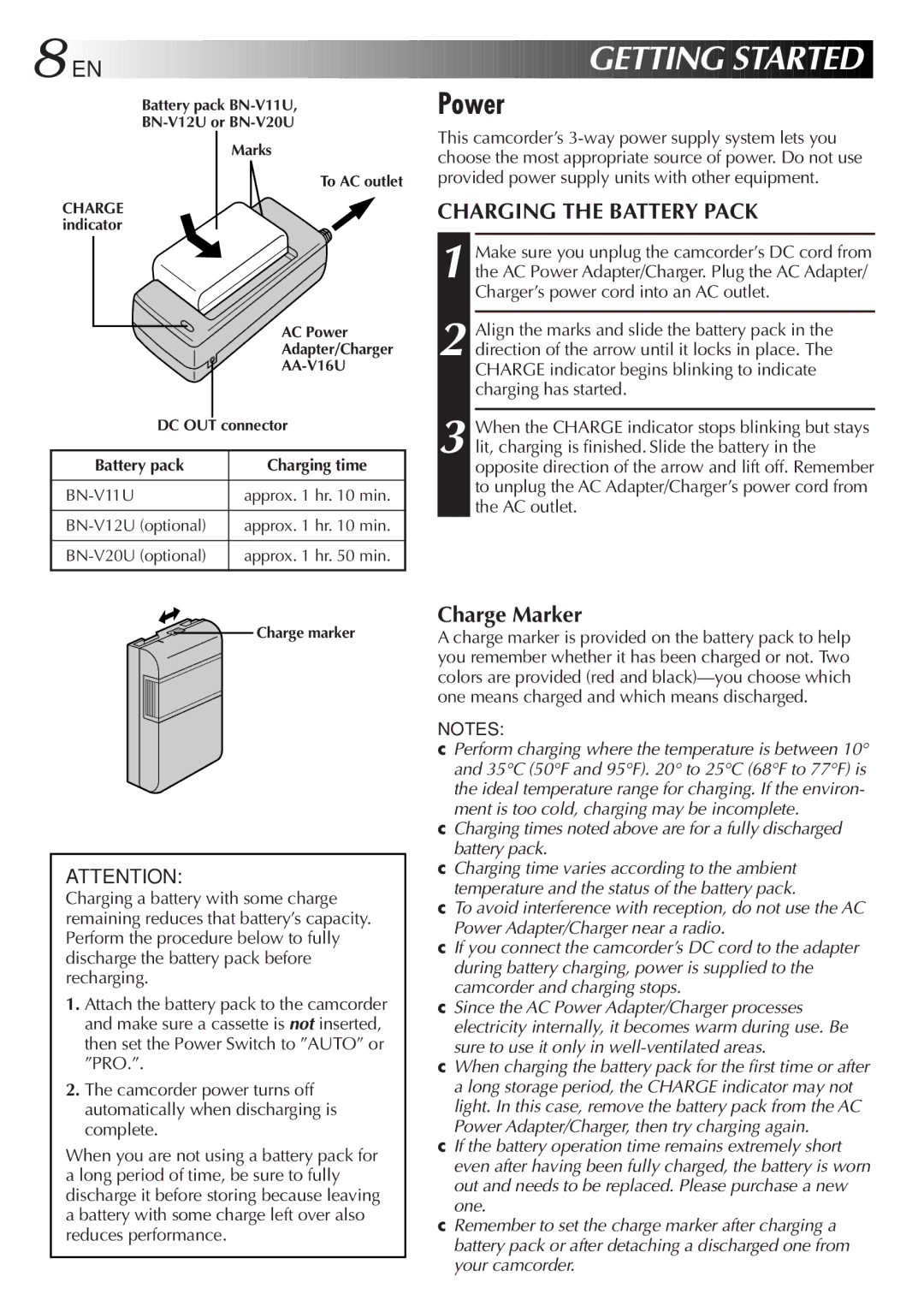 JVC GR-SXM520 specifications Power, Charging the Battery Pack, Charge Marker 