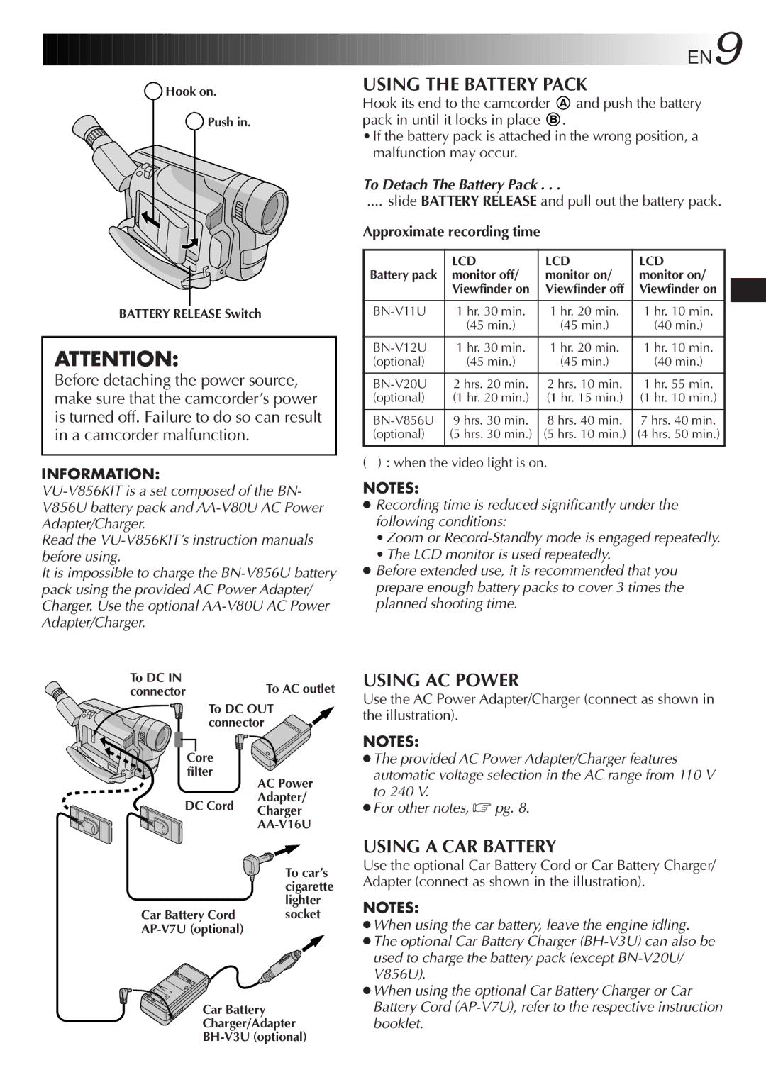 JVC GR-SXM520 specifications Using the Battery Pack, Using AC Power, Using a CAR Battery, Approximate recording time 