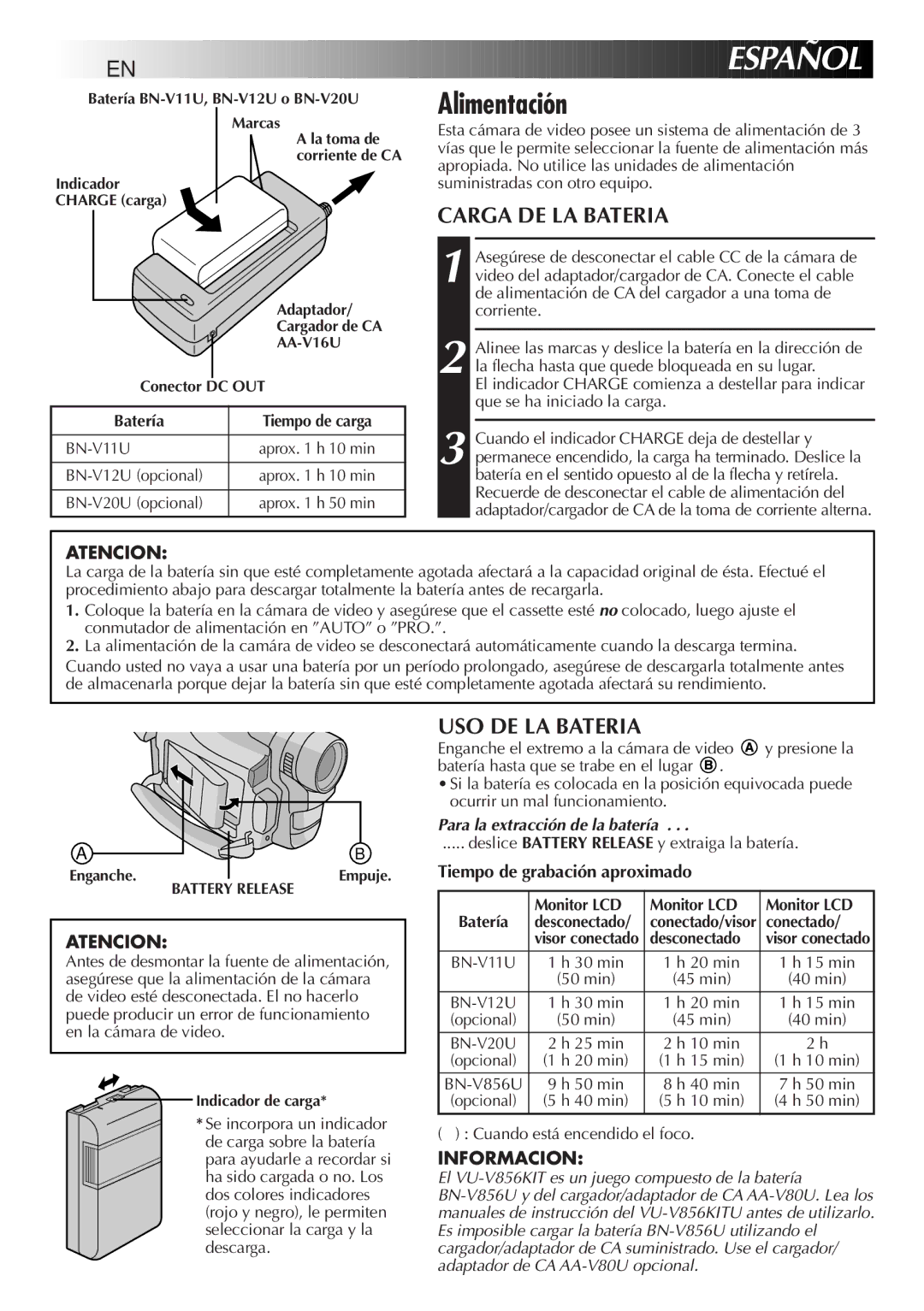 JVC GR-SXM525 specifications 52 EN, Alimentación, Carga DE LA Bateria, USO DE LA Bateria, Tiempo de grabación aproximado 