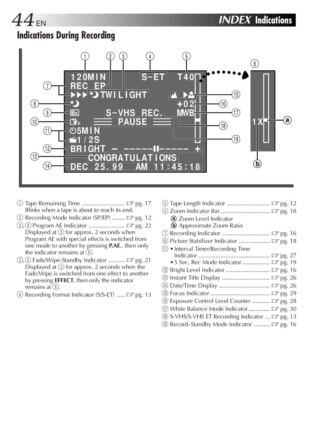 JVC GR-SXM527 specifications 44 EN, Index, Indications During Recording 