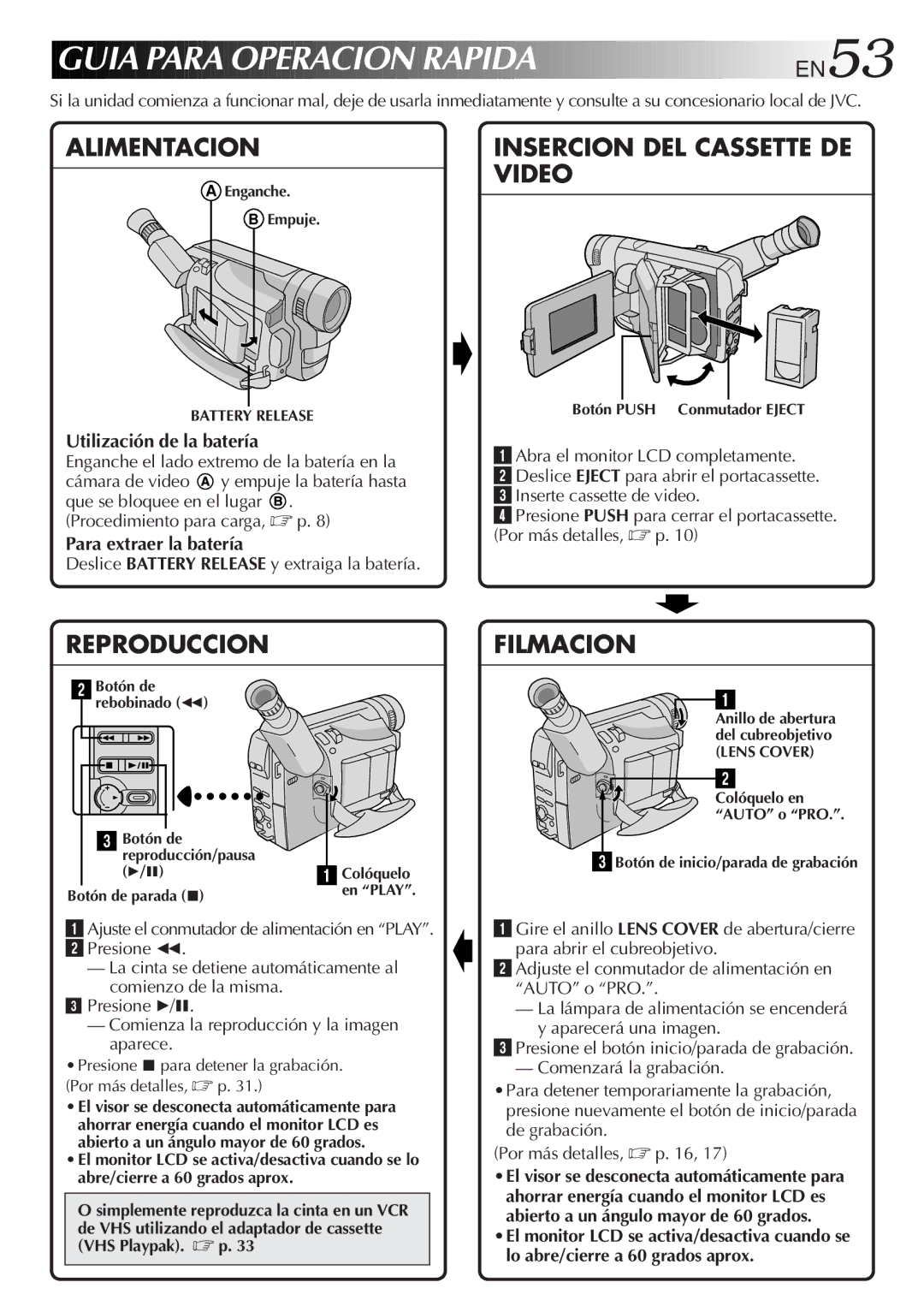 JVC GR-SXM527 Utilización de la batería, Para extraer la batería, Deslice Battery Release y extraiga la batería 