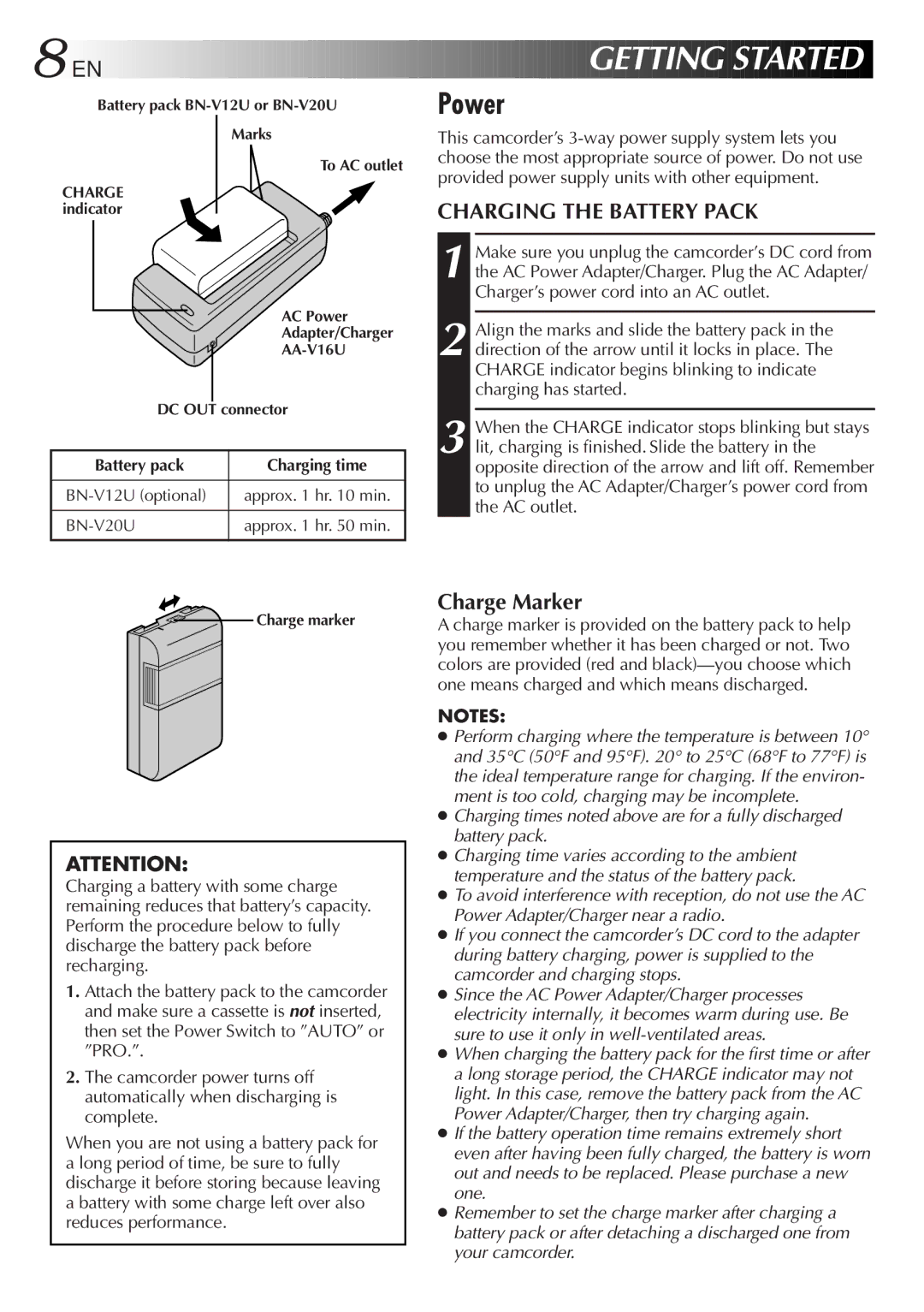 JVC GR-SXM527 specifications Power, Charging the Battery Pack, Charge Marker 